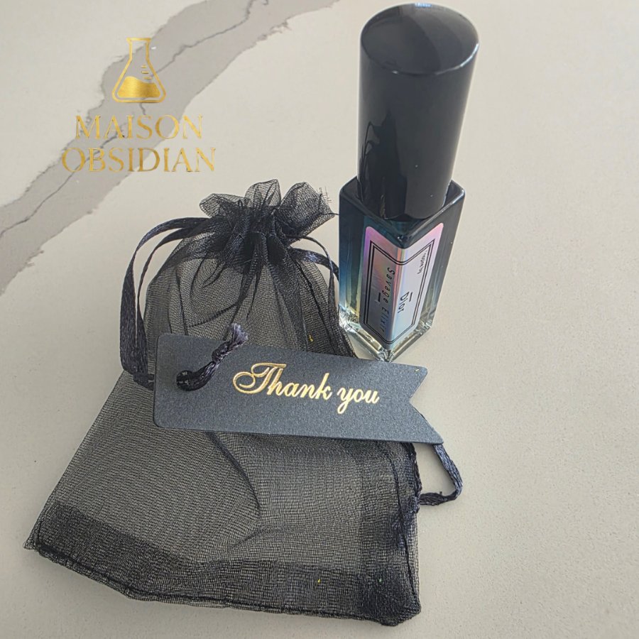Maison Obsidian 10ml discovery bottle with organza gift bag and thank-you tag